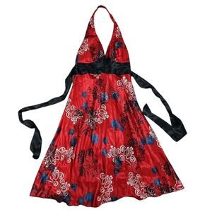 Vtg B Darlin Red Black Floral Halter Dress Juniors 11/12 Fit‎ & Flare Satin Y2K